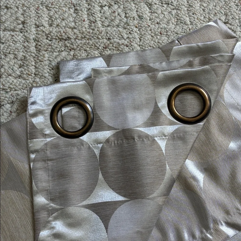 Tan & Gold Thick Shiny Curtains with Geometric Circle Pattern - Set of 2